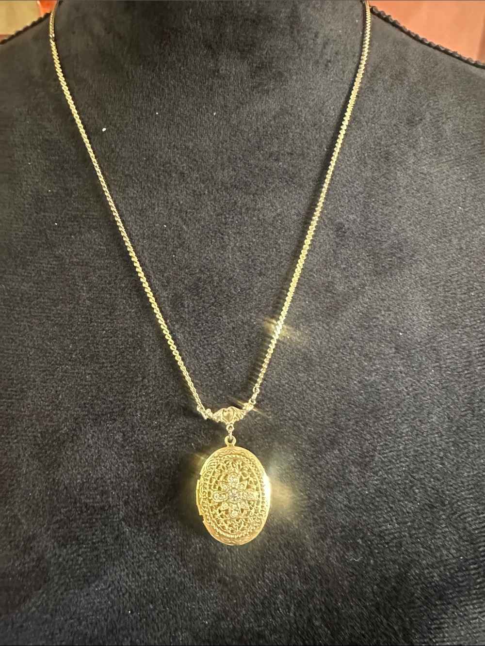 1928 Gold-Tone Oval Filigree Locket Necklace